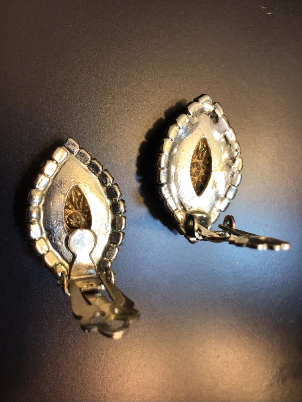 Vintage Mid-century Clip-on Earrings Blue Navette Stones Clear Rhinestones